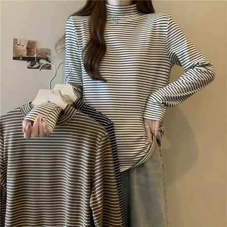 条纹半高领长袖T恤女秋冬内搭德绒保暖打底衫加厚加绒修身上衣服商品大图