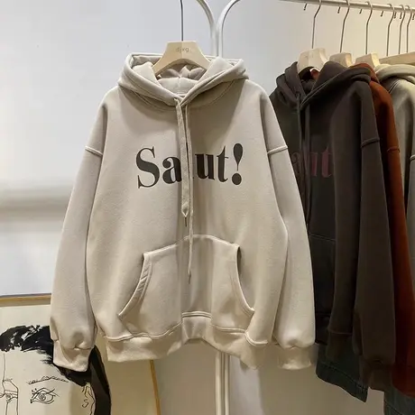 加绒加厚连帽卫衣女秋冬季百搭休闲宽松显瘦字母印花外套上衣慵懒商品大图