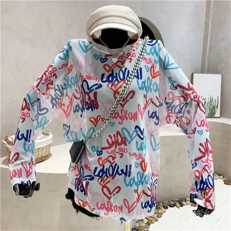 2024年夏季新款防晒罩衫上衣甜酷女网纱薄款冰丝早秋长袖宽松t恤商品大图