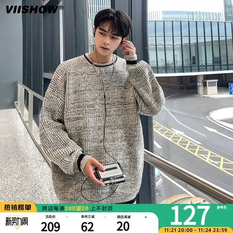 VIISHOW美式秋季潮牌条纹圆领毛衣男士新款休闲百搭针织打底衫男商品大图