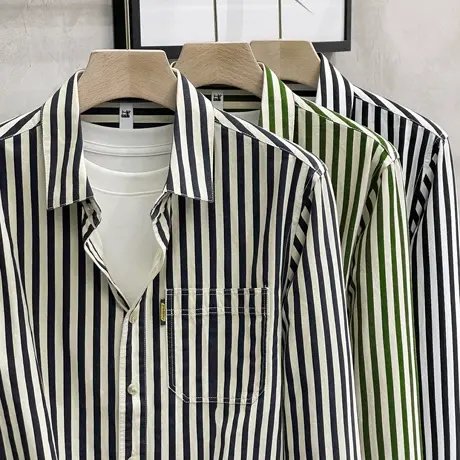 日系潮牌秋季条纹长袖衬衣男装宽松美式休闲衬衫通勤男士寸衫外套商品大图