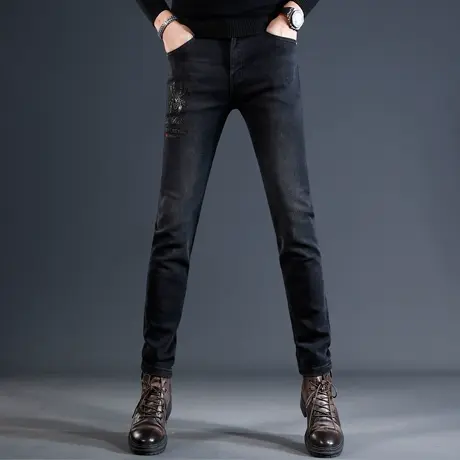 轻奢刺绣牛仔裤男2023秋冬新款黑色烫钻修身小脚潮流男士弹力裤子商品大图