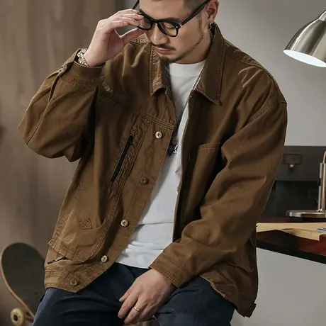 休闲男装重磅绕织天然有机棉男士夹克外套经典鱼骨纹夹克外套男图片