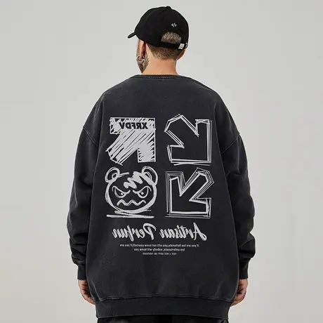 加肥加大码圆领美式重磅复古日系男装情侣宽松水洗做旧卫衣春秋季商品大图