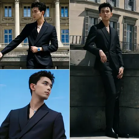 明星吴磊同款西服男深V禁欲系西装暴徒假两件双排扣戗驳领两件套图片