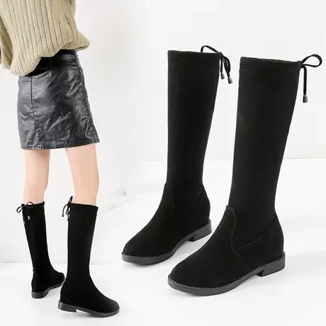 黑色长筒靴女款2023新款高筒靴小个子内增高秋冬弹力不过膝长靴子商品大图