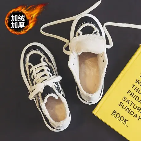 厚底帆布鞋女鞋2023新款秋冬季加绒乞丐鞋韩版百搭松糕鞋保暖棉鞋商品大图