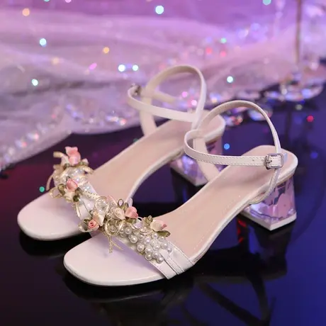 百翎2023夏季新款凉鞋女水晶跟粗跟白色仙女风花朵一字带时尚鞋子商品大图