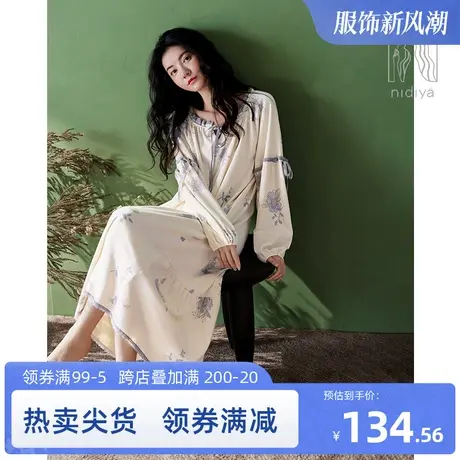 妮狄娅睡衣睡裙女秋季纯棉长袖方领秋冬套头气质春秋中长款家居服商品大图