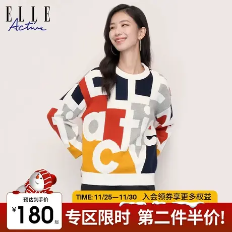 ELLE Active休闲宽松厚毛衣女2023初秋款小众字母针织圆领上衣商品大图