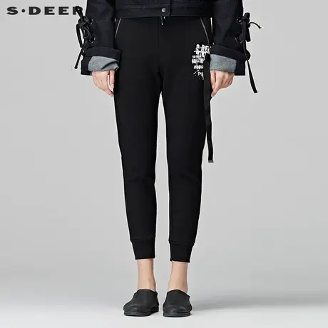 sdeer圣迪奥2018冬装帅气飘带字母印花休闲长裤S17480863商品大图