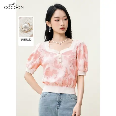 missCOCOON方领提花短袖针织上衣女2023夏装新款百搭休闲气质毛衫商品大图