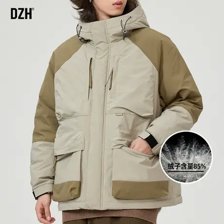 男士卡其色工装连帽羽绒服男短款冬季加厚2024新款防寒服冬装外套商品大图