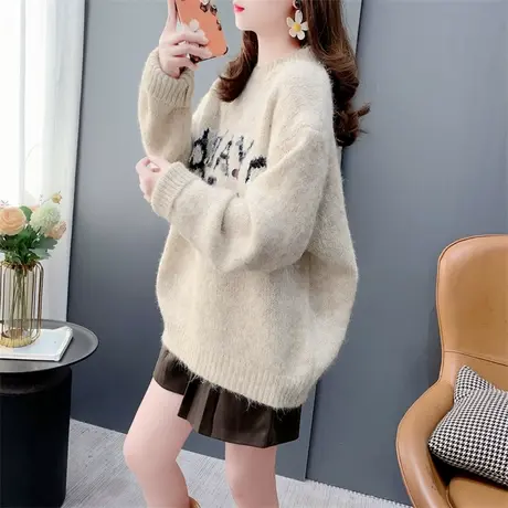 时尚软糯亮片圆领毛衣女套头2023年新款秋冬宽松慵懒风减龄针织衫商品大图