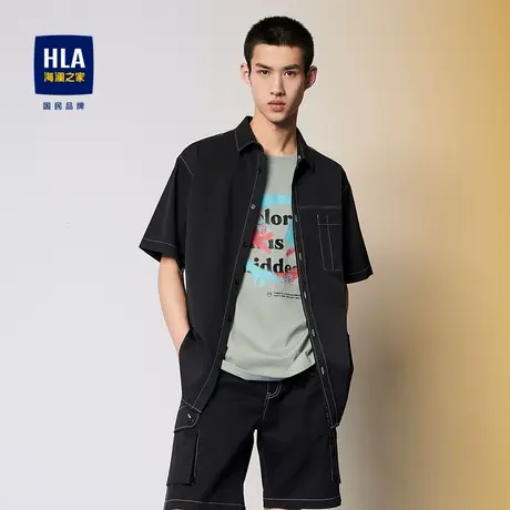 HLA/海澜之家外套款短袖休闲衬衫明线黑色宽松凉感短衬男图片