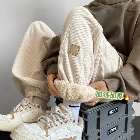 加绒加厚裤子男秋冬季2023新款休闲阔腿贴标束脚裤重磅潮流长裤子商品大图