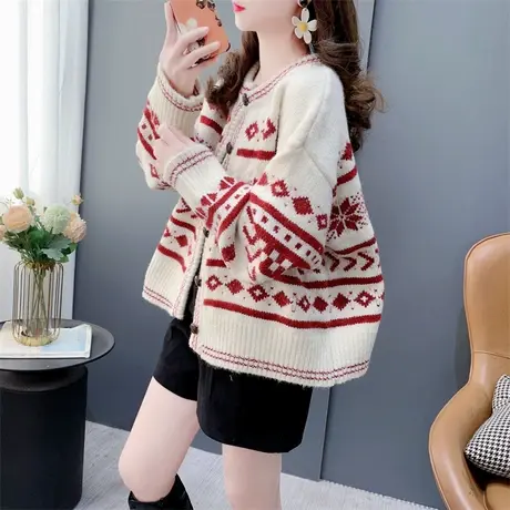 圣诞雪花加厚毛衣开衫女早春2024新款宽松洋气减龄高级感针织外套商品大图