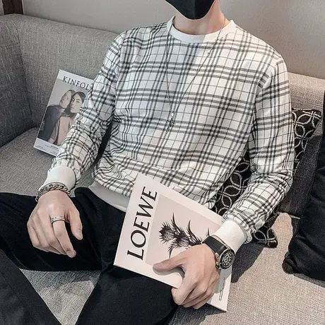 秋季男士卫衣长袖套头休闲潮流格子外套韩版修身青年百搭体恤上衣商品大图