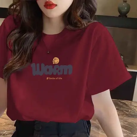 酒红色短袖纯棉本命年字母T恤女2024新款打底衫大版宽松休闲体恤商品大图