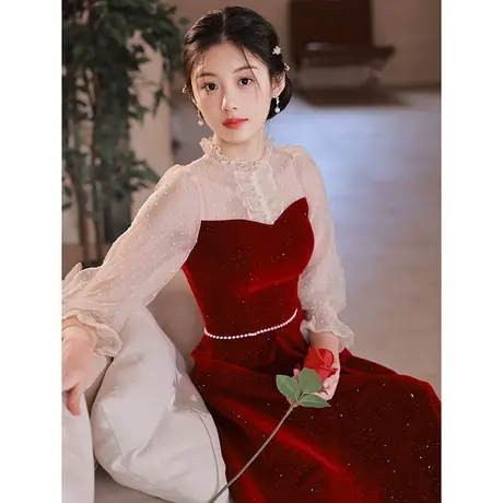 订婚连衣裙红色礼服平时可穿灯笼袖敬酒服新娘小个子2023新款夏季商品大图