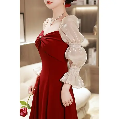 敬酒服新娘酒红色高级感结婚订婚回门礼服连衣裙长袖仙气纱袖方领商品大图