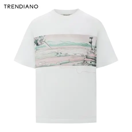 TRENDIANO艺术插画圆领T恤2024年春季新款时尚宽松休闲短袖男生图片