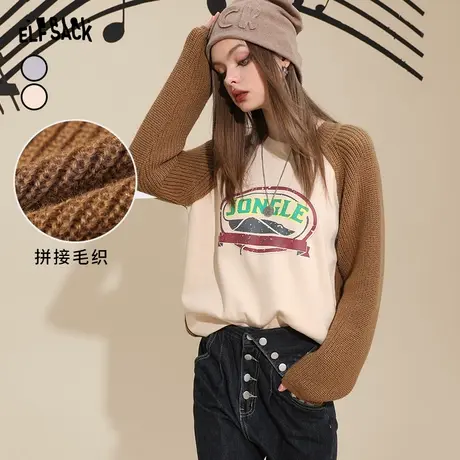 妖精的口袋美式复古印花圆领卫衣女2022秋冬新款毛衣拼接长袖上衣商品大图