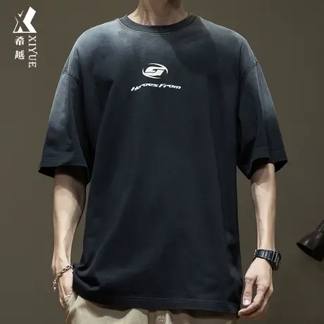 国潮美式复古纯棉短袖t恤春季宽松大码男士重磅230g渐变水洗上衣商品大图