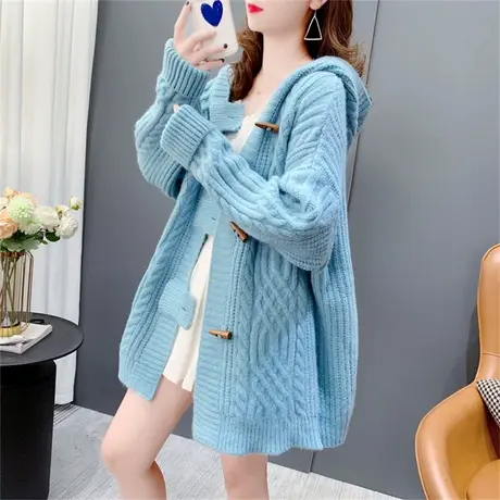 中长款牛角扣毛衣开衫女秋季2023年新款宽松慵懒风麻花针织外套潮商品大图