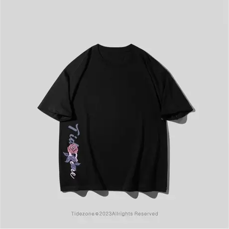 Ohlyah美式潮牌纯棉短袖t恤男夏季紫色玫瑰花卉复古黑色重磅上衣图片