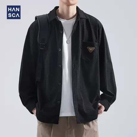hansca灯芯绒条纹衬衫男士外套秋季日系复古潮牌宽松休闲长袖上衣商品大图