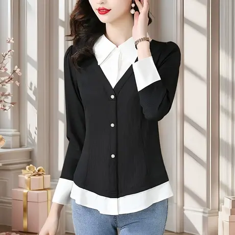 春秋季上衣女士新款外穿衬衫假两件小衫大码上衣贵夫人打底衫妈妈商品大图