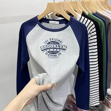 正肩撞色t恤女春秋季新款圆领纯棉印花上衣时尚百搭打底内搭叠穿商品大图
