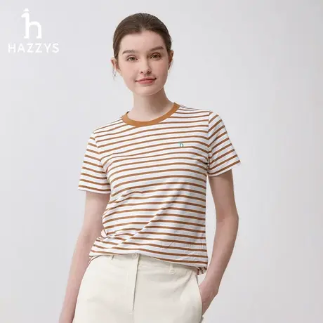Hazzys哈吉斯女装24夏季新品时尚撞色细条纹短袖T恤运动休闲上衣图片