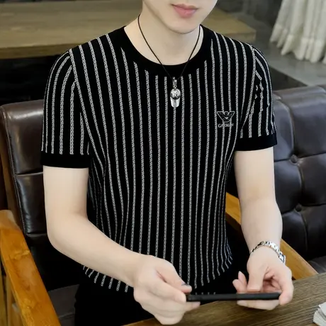 t恤男士夏季高端冰丝滑料体恤潮牌薄款2023新款夏装竖条纹上衣服商品大图