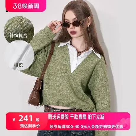妖精的口袋拼接假两件针织卫衣女2023冬新款小个子短款设计感上衣图片