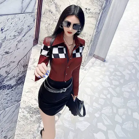 VJE早春通勤衬衣新款撞色拼接设计感时尚收腰休闲衬衫女商品大图