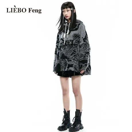裂帛LIEBOFeng设计师品牌chic复古高街时髦黑白撞色连帽毛呢外套图片