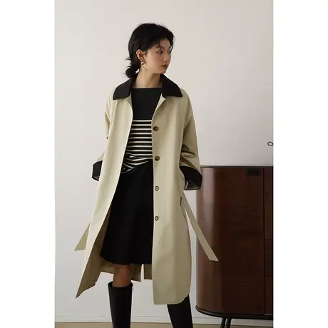 嘉茱莉2023秋季新款撞色领风衣外套女法式复古风衣上衣宽松中长款商品大图