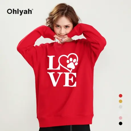 Ohlyah品牌红色卫衣女男情侣装LOVE结婚拍照宽松纯棉上衣学生圆领商品大图