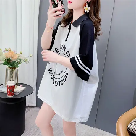 Polo领拼色半袖t恤女中长款2023夏季新款韩版宽松休闲设计感上衣商品大图