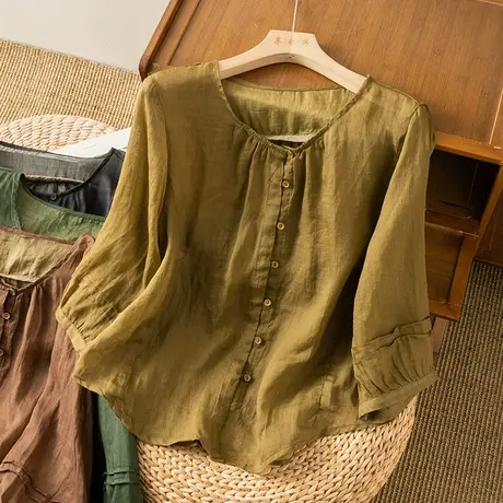 享永子七分袖苎麻衬衫女薄文艺复古棉麻小衫宽松百搭2023夏季新款商品大图