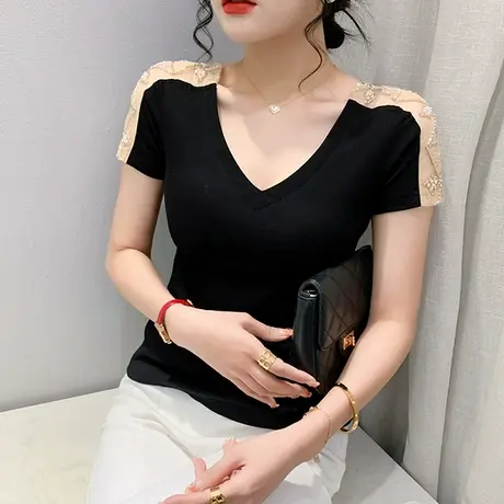 欧货气质V领T恤女短袖时尚性感紧身小衫别致钉珠上衣百搭半袖夏装商品大图