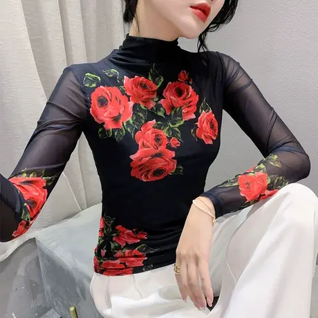 性感网纱半高领T恤女长袖欧货减龄印花上衣ins洋气修身内搭打底衫商品大图