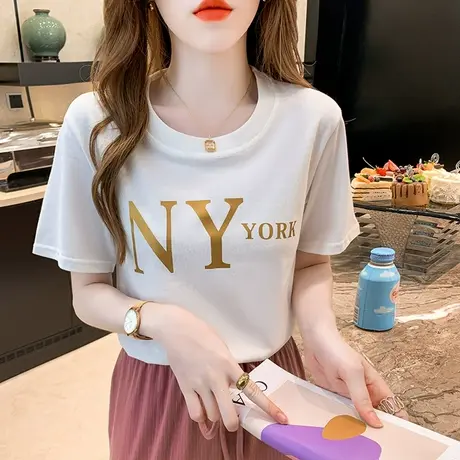 2023夏装新款短袖女白色t恤韩版纯棉印花字母体恤宽松圆领上衣ins商品大图