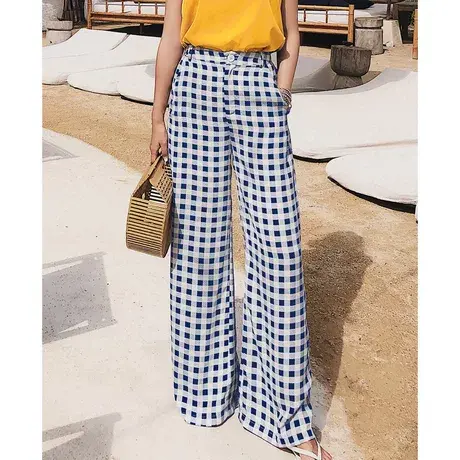 弥古格子休闲直筒裤女夏雪纺阔腿裤长裤薄款垂感拖地裤度假沙滩裤图片