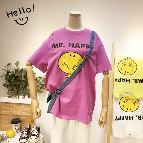 2020夏款韩国东大门ins笑脸字母休闲短袖T恤打底衫大码闺蜜姐妹装商品大图