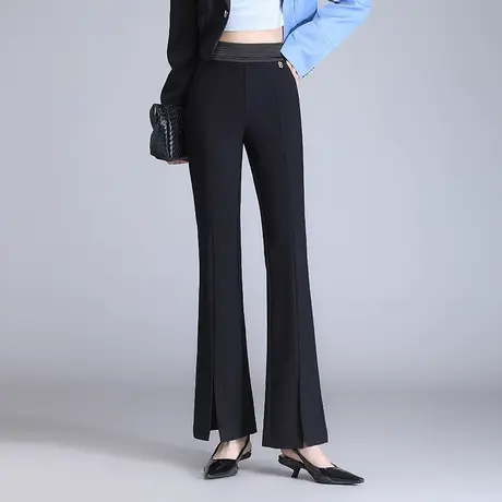 微喇叭裤女秋季新款裤脚开叉长裤松紧腰弹力显瘦垂感休闲直筒裤子商品大图