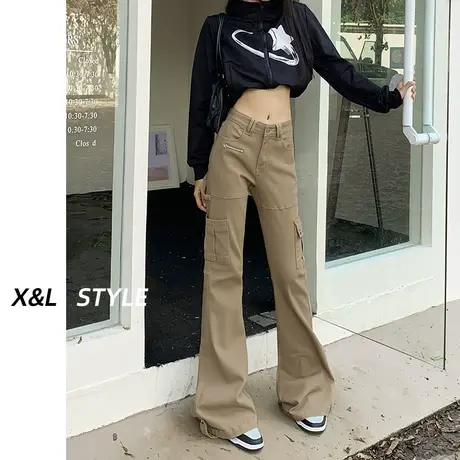 卡其色微喇叭工装裤女秋季2023新款美式高腰显瘦修身休闲拖地裤子商品大图