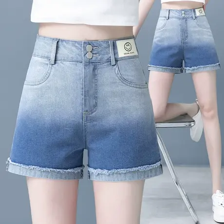 渐变色牛仔短裤女夏季2023新款时尚辣妹裤小个子毛边薄款阔腿热裤图片